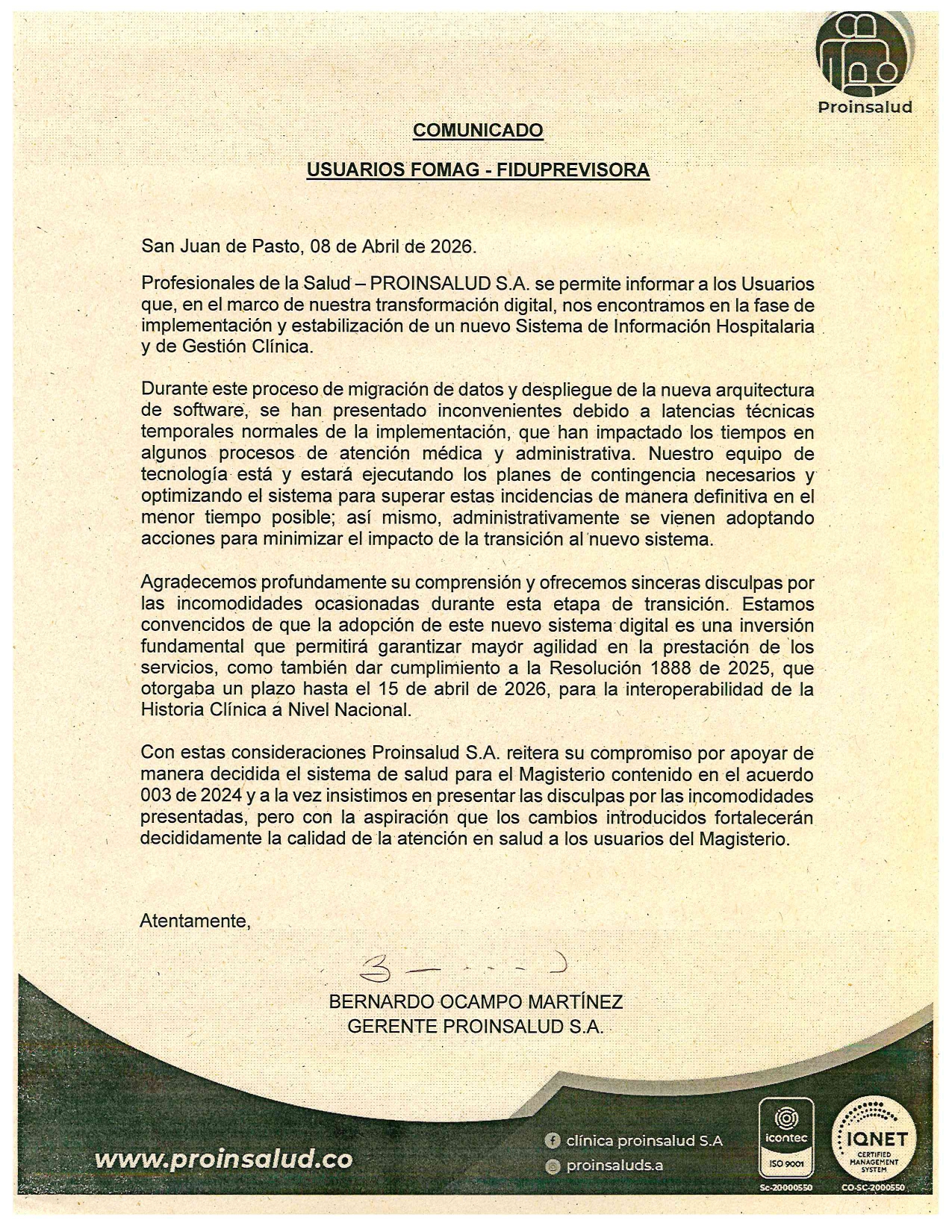 Comunicado informativo PROINSALUD.CO